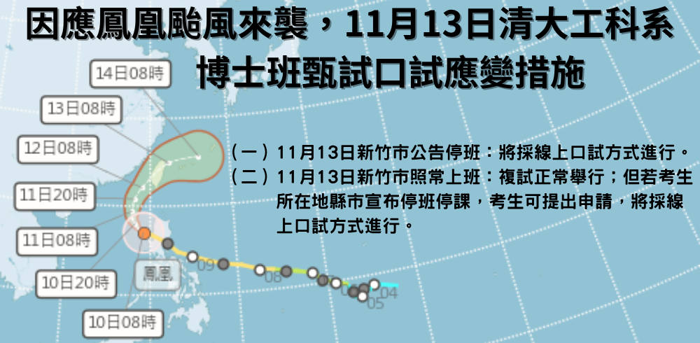 因應鳳凰颱風來襲，11月13日清大工科系115學年度博士班甄試口試應變措施(另開新視窗)